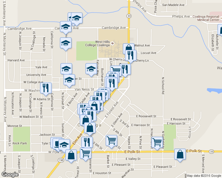 map of restaurants, bars, coffee shops, grocery stores, and more near Van Ness Street & Lincoln Street in Coalinga