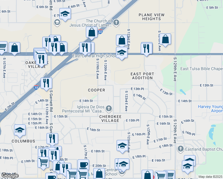 map of restaurants, bars, coffee shops, grocery stores, and more near 1312 South 121st East Avenue in Tulsa