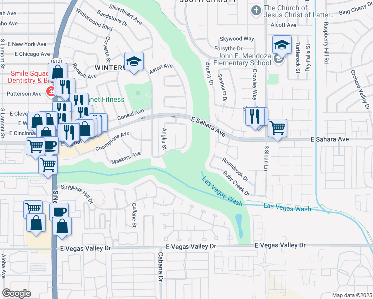 map of restaurants, bars, coffee shops, grocery stores, and more near 5501 Club House Drive in Las Vegas