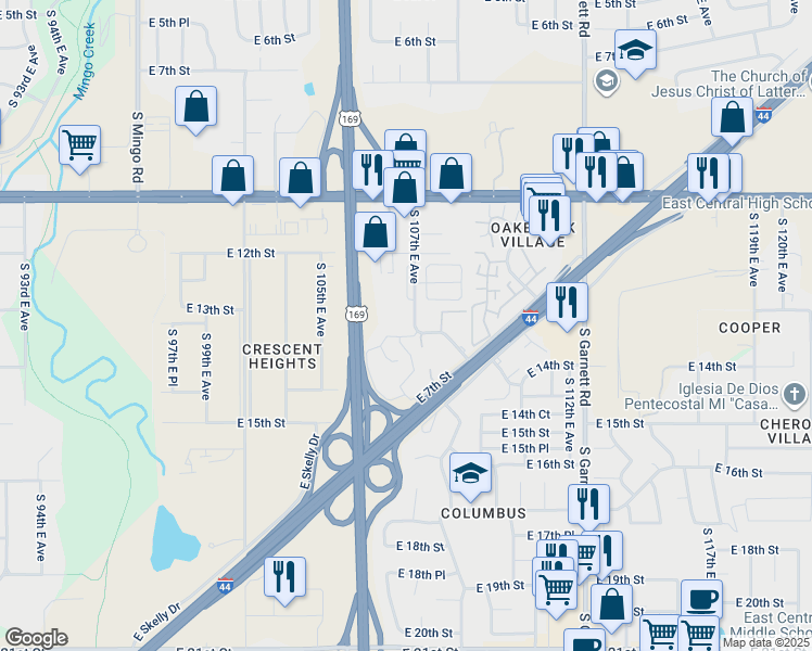 map of restaurants, bars, coffee shops, grocery stores, and more near 1330 South 107th East Avenue in Tulsa