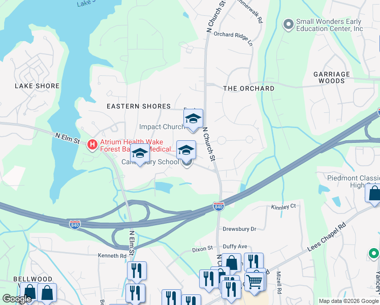 map of restaurants, bars, coffee shops, grocery stores, and more near 5405 Ridingate Court in Greensboro