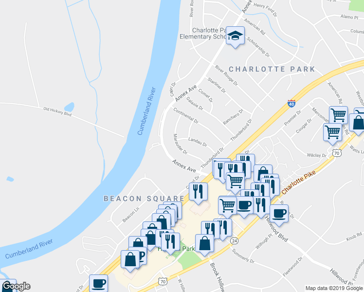 map of restaurants, bars, coffee shops, grocery stores, and more near 6544 Marauder Drive in Nashville