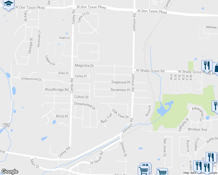 map of restaurants, bars, coffee shops, grocery stores, and more near 2304 Sycamore Place in Springdale