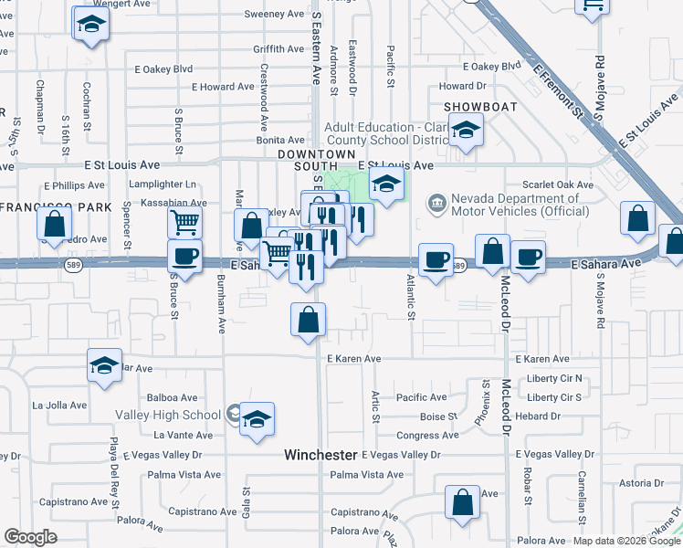 map of restaurants, bars, coffee shops, grocery stores, and more near 2445 East Sahara Avenue in Las Vegas