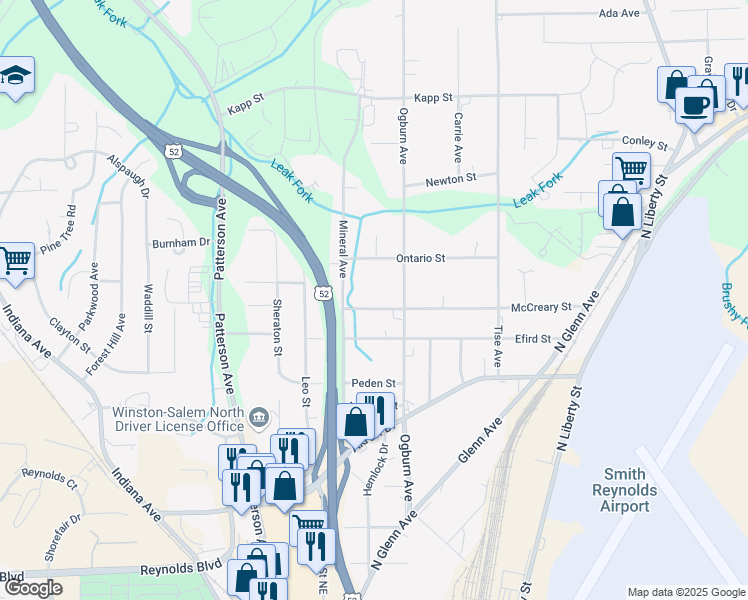 map of restaurants, bars, coffee shops, grocery stores, and more near 531 McCreary Street in Winston-Salem