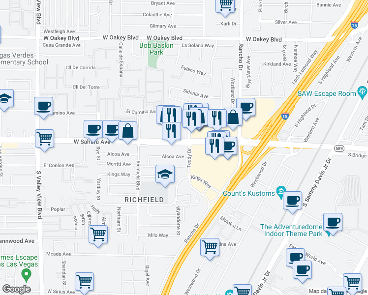 map of restaurants, bars, coffee shops, grocery stores, and more near in Las Vegas