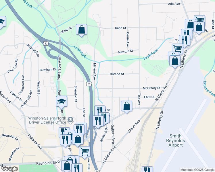 map of restaurants, bars, coffee shops, grocery stores, and more near 551 McCreary Street in Winston-Salem