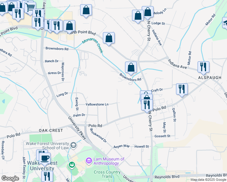 map of restaurants, bars, coffee shops, grocery stores, and more near 930 Delmonte Drive Northwest in Winston-Salem