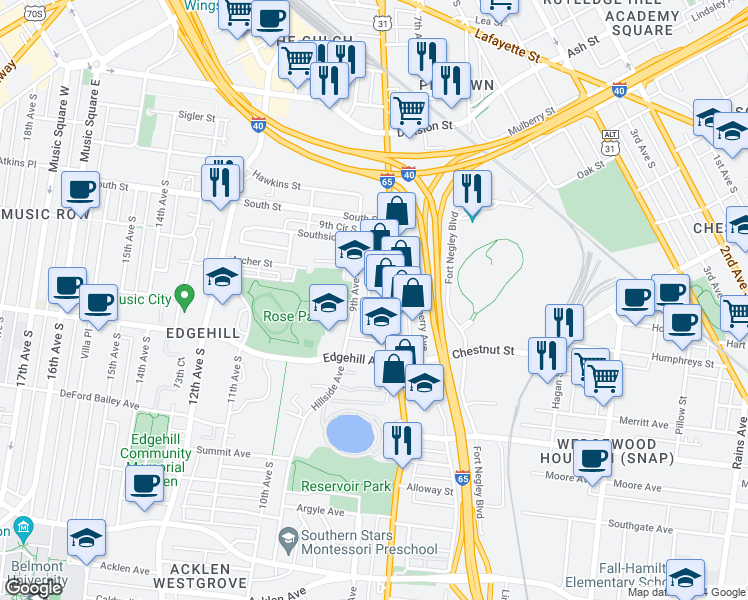 map of restaurants, bars, coffee shops, grocery stores, and more near 1019 8th Avenue South in Nashville