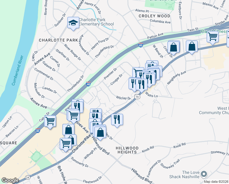 map of restaurants, bars, coffee shops, grocery stores, and more near 446 Wilclay Drive in Nashville