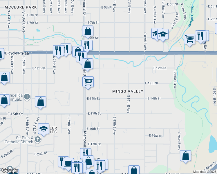 map of restaurants, bars, coffee shops, grocery stores, and more near 8328 East 13th Street in Tulsa