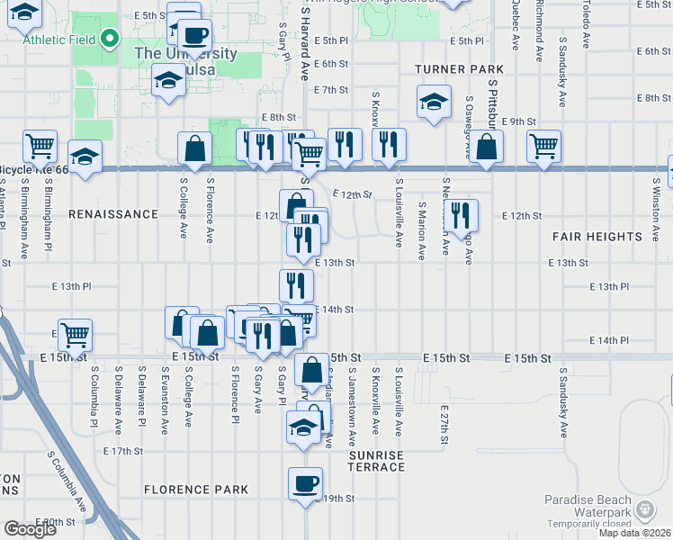 map of restaurants, bars, coffee shops, grocery stores, and more near 1304 South Jamestown Avenue in Tulsa