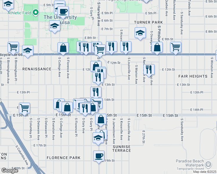 map of restaurants, bars, coffee shops, grocery stores, and more near 1304 South Jamestown Avenue in Tulsa
