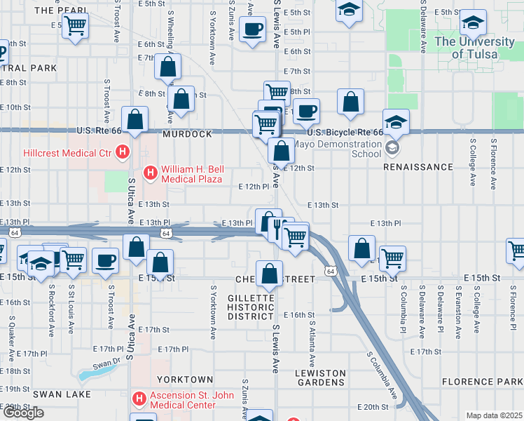 map of restaurants, bars, coffee shops, grocery stores, and more near 1301 Terrace Drive in Tulsa