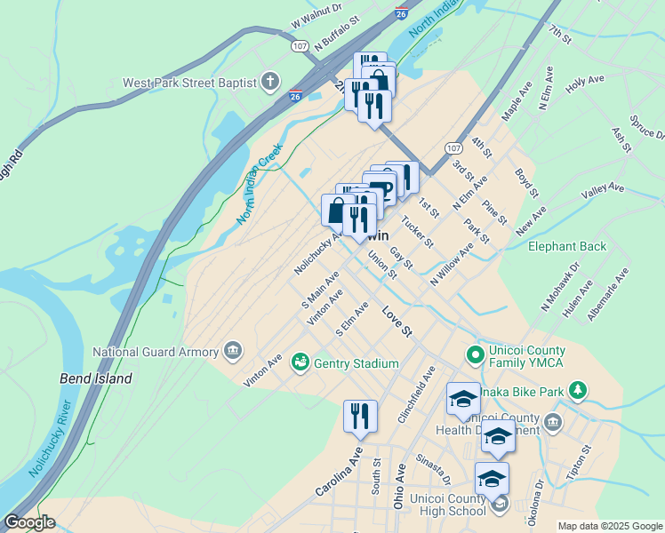 map of restaurants, bars, coffee shops, grocery stores, and more near in Elizabethton