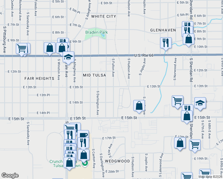 map of restaurants, bars, coffee shops, grocery stores, and more near 1308 South Fulton Avenue in Tulsa