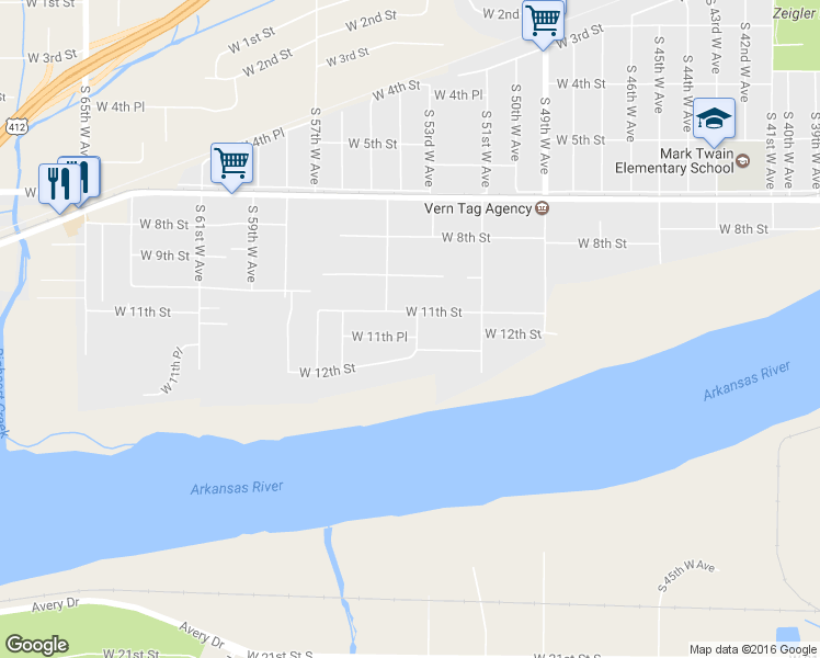 map of restaurants, bars, coffee shops, grocery stores, and more near 1112 South 53rd West Avenue in Tulsa