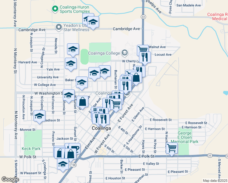 map of restaurants, bars, coffee shops, grocery stores, and more near 109 Buchanan Street in Coalinga