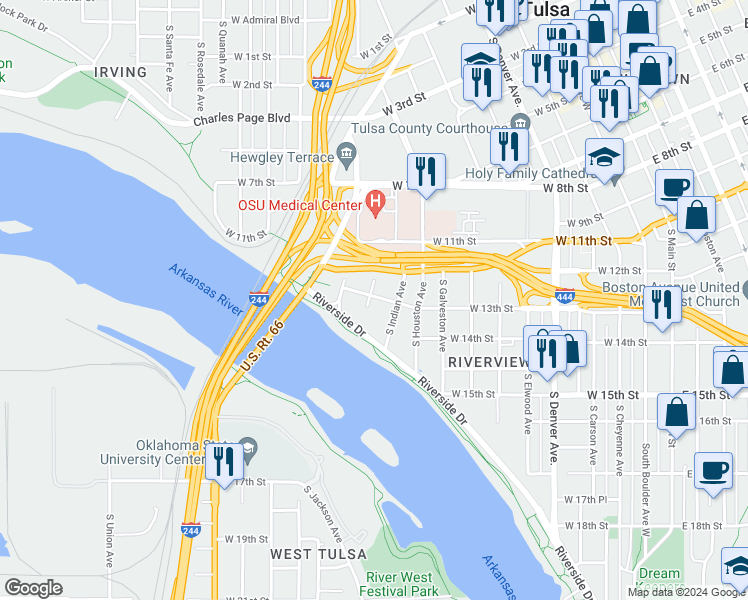 map of restaurants, bars, coffee shops, grocery stores, and more near 740 West 13th Street in Tulsa
