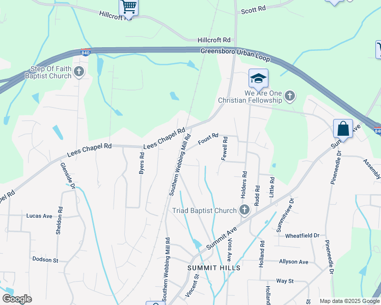 map of restaurants, bars, coffee shops, grocery stores, and more near 1706 Foust Road in Greensboro