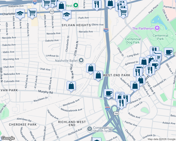 map of restaurants, bars, coffee shops, grocery stores, and more near 313 Sylvan Park Lane in Nashville