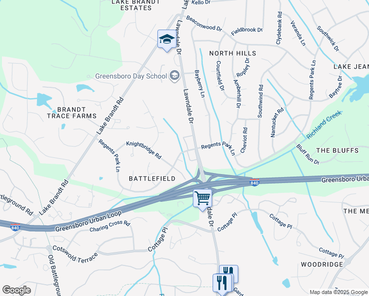 map of restaurants, bars, coffee shops, grocery stores, and more near 3212 Regents Park Lane in Greensboro