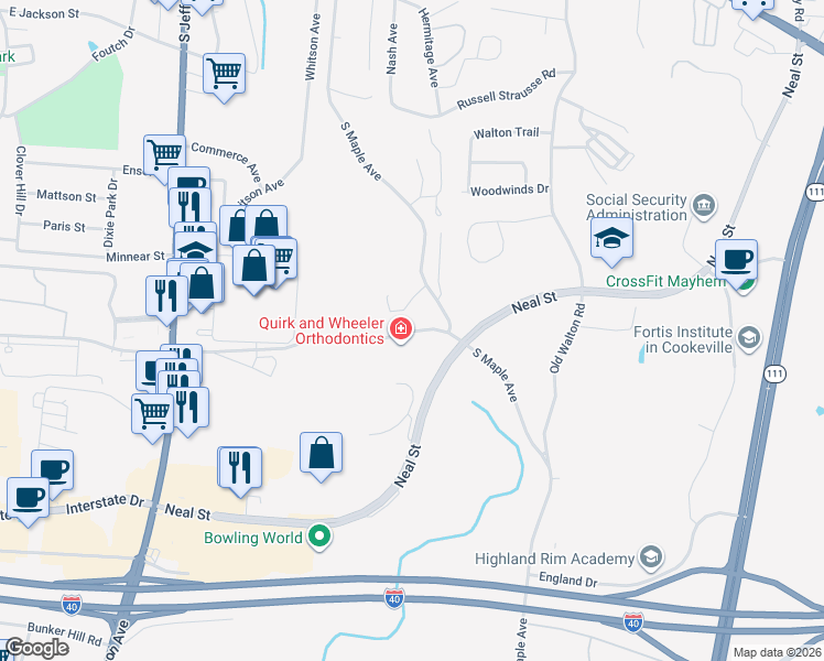 map of restaurants, bars, coffee shops, grocery stores, and more near 755 East Veterans Drive in Cookeville