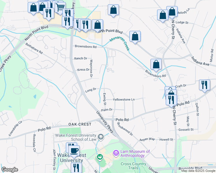 map of restaurants, bars, coffee shops, grocery stores, and more near 929 Long Drive in Winston-Salem