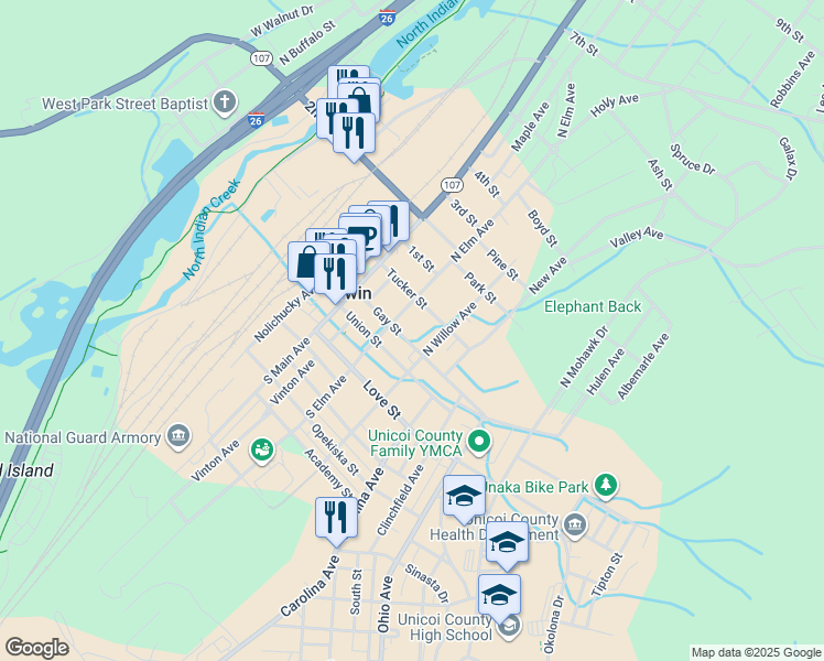 map of restaurants, bars, coffee shops, grocery stores, and more near 317 Gay St in Erwin