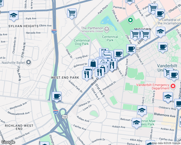 map of restaurants, bars, coffee shops, grocery stores, and more near 116 31st Avenue North in Nashville