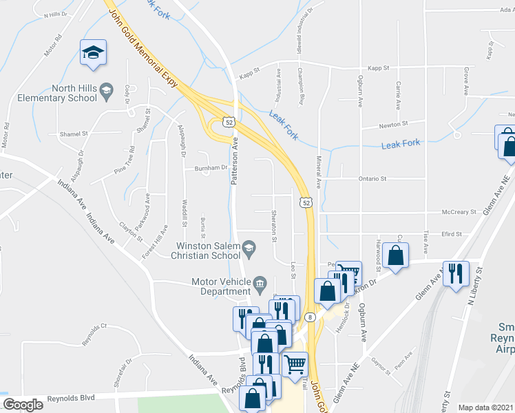 map of restaurants, bars, coffee shops, grocery stores, and more near 605 Mildred Street in Winston-Salem