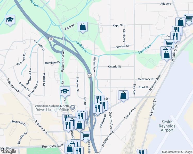 map of restaurants, bars, coffee shops, grocery stores, and more near 509 McCreary Street in Winston-Salem