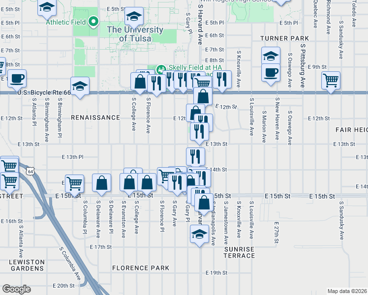 map of restaurants, bars, coffee shops, grocery stores, and more near 1308 South Gary Place in Tulsa