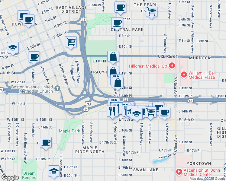 map of restaurants, bars, coffee shops, grocery stores, and more near 1308 South Peoria Avenue in Tulsa