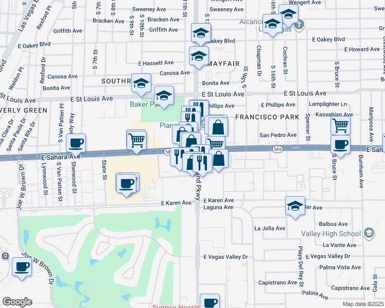map of restaurants, bars, coffee shops, grocery stores, and more near 8919 East Sahara Avenue in Las Vegas