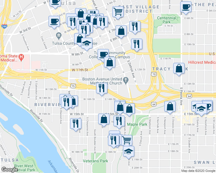 map of restaurants, bars, coffee shops, grocery stores, and more near 1224 South Baltimore Avenue in Tulsa
