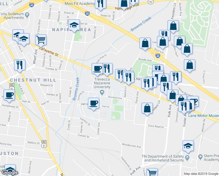map of restaurants, bars, coffee shops, grocery stores, and more near 310 Stanley Street in Nashville