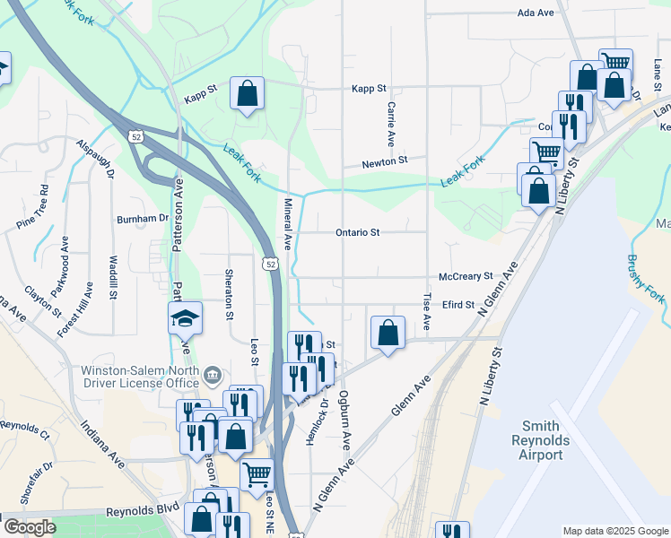map of restaurants, bars, coffee shops, grocery stores, and more near 551 McCreary Street in Winston-Salem