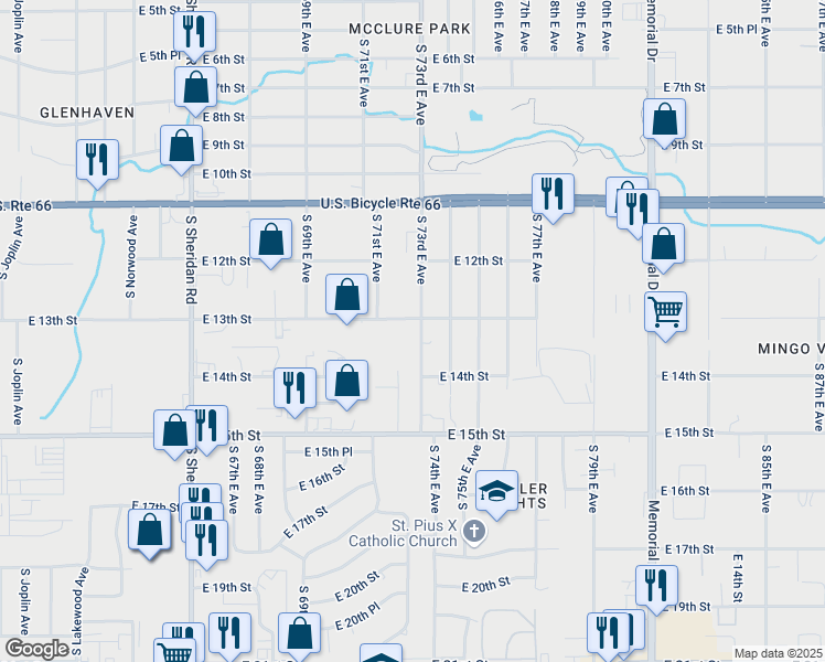 map of restaurants, bars, coffee shops, grocery stores, and more near 1312 South 73rd East Avenue in Tulsa