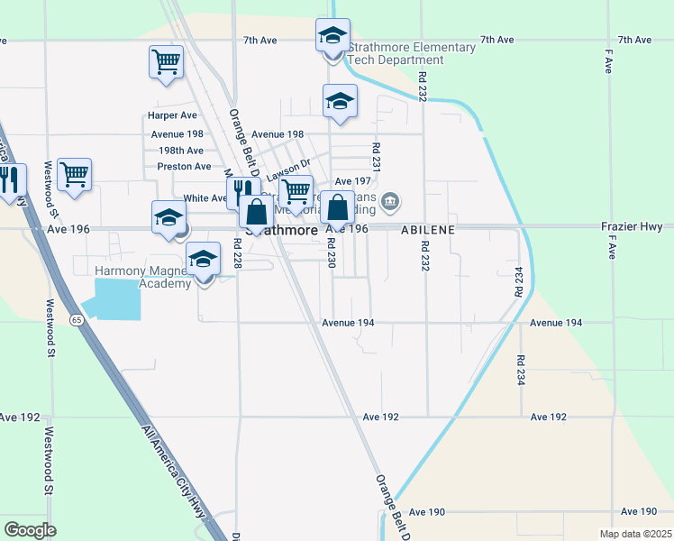 map of restaurants, bars, coffee shops, grocery stores, and more near 19514 Road 230 in Strathmore