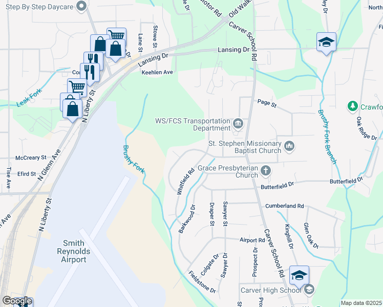 map of restaurants, bars, coffee shops, grocery stores, and more near 2977 Bainbridge Drive in Winston-Salem