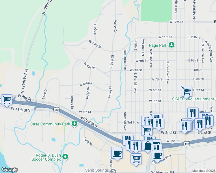 map of restaurants, bars, coffee shops, grocery stores, and more near 602 Valley Drive in Sand Springs