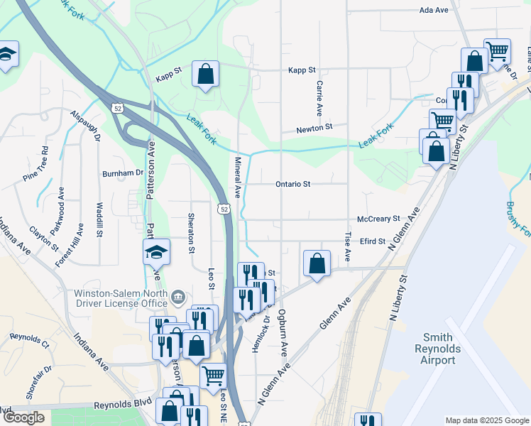 map of restaurants, bars, coffee shops, grocery stores, and more near 535 McCreary Street in Winston-Salem
