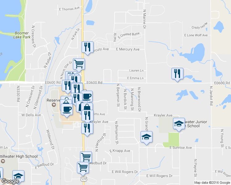 map of restaurants, bars, coffee shops, grocery stores, and more near 2206 North Benjamin Street in Stillwater