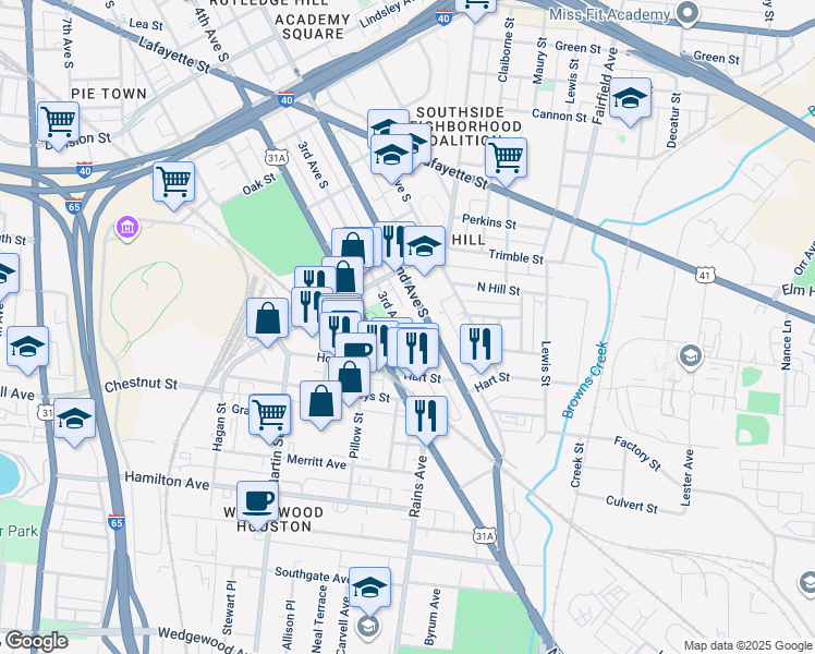 map of restaurants, bars, coffee shops, grocery stores, and more near 1232 3rd Avenue in Nashville