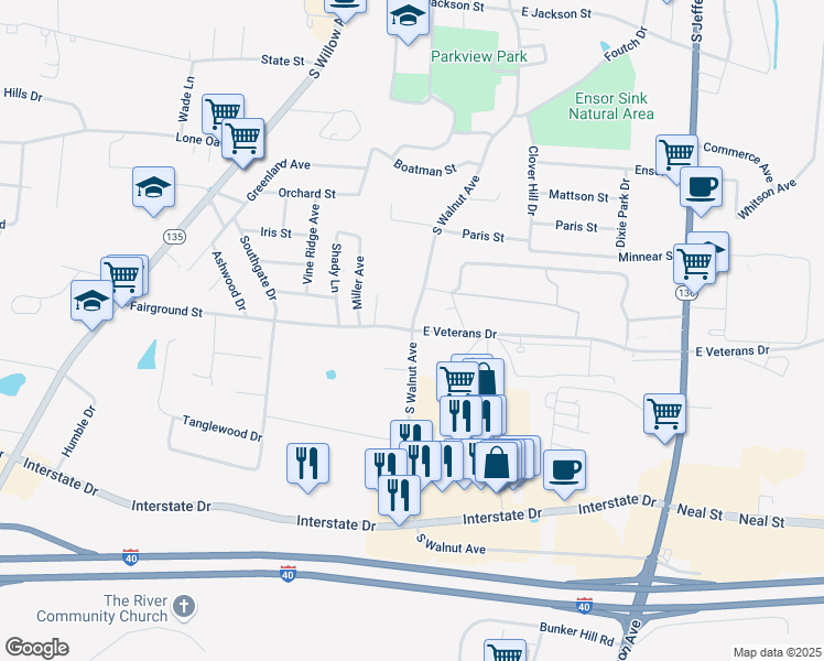 map of restaurants, bars, coffee shops, grocery stores, and more near 600 Fairground Street in Cookeville