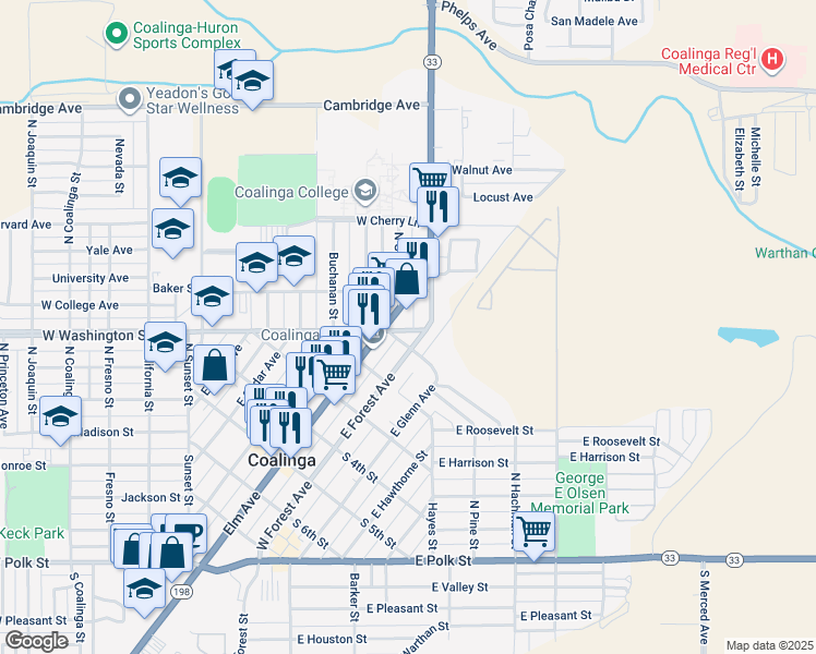 map of restaurants, bars, coffee shops, grocery stores, and more near 106 North Grant Street in Coalinga