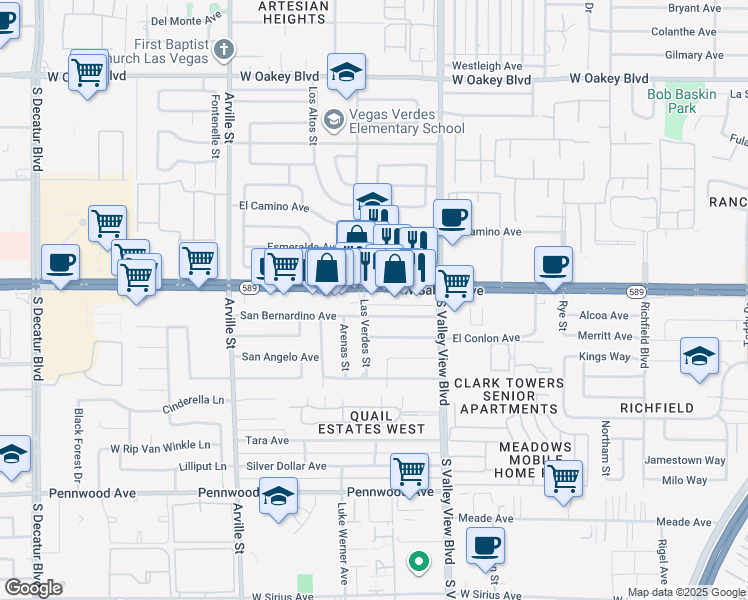 map of restaurants, bars, coffee shops, grocery stores, and more near 9 Las Verdes Street in Las Vegas