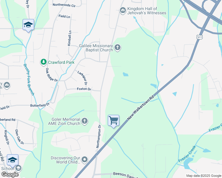 map of restaurants, bars, coffee shops, grocery stores, and more near 4005 Northampton Drive in Winston-Salem