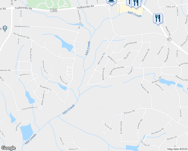 map of restaurants, bars, coffee shops, grocery stores, and more near 4320 Mill Creek Road in Winston-Salem
